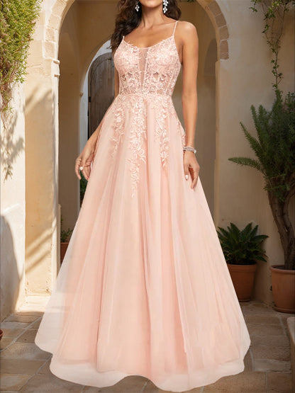 A-Line/Princess Spaghetti Straps Sleeveless Prom Dresses with Applique