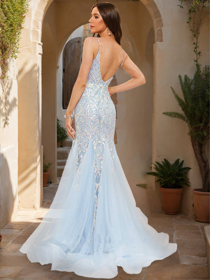 Trumpet/Mermaid V-Neck Sleeveless Prom Dresses with Applique