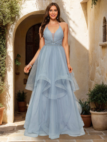 Ball Gown Halter Sleeveless Prom Dresses with Tiered