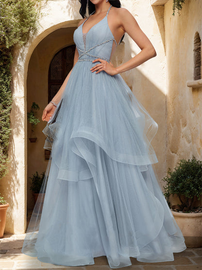 Ball Gown Halter Sleeveless Prom Dresses with Tiered