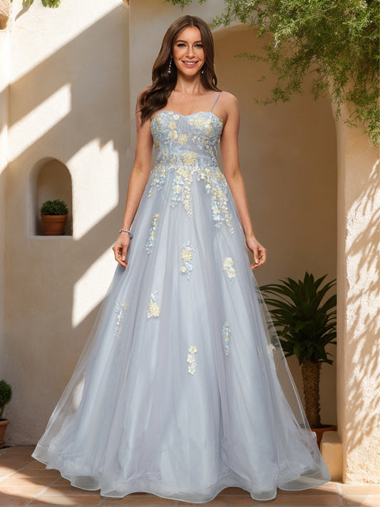 Ball Gown Spaghetti Straps Sleeveless Prom Dresses with Applique