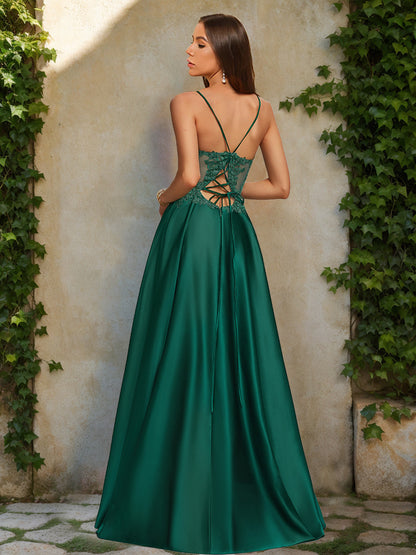 A-Line/Princess V-Neck Sleeveless Prom Dresses with Split Side