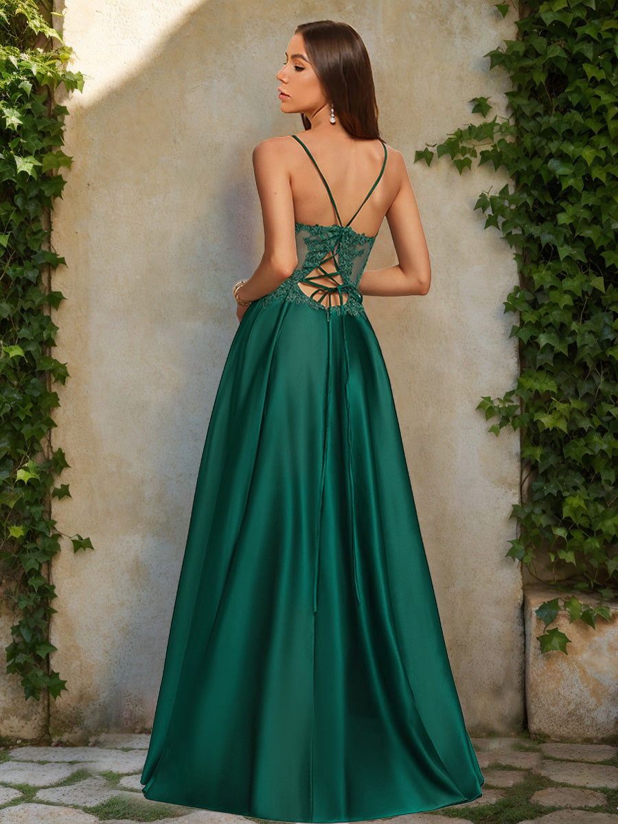 A-Line/Princess V-Neck Sleeveless Prom Dresses with Split Side