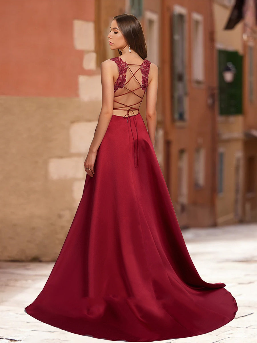 A-Line/Princess V-Neck Sleeveless Prom Dresses with Lace