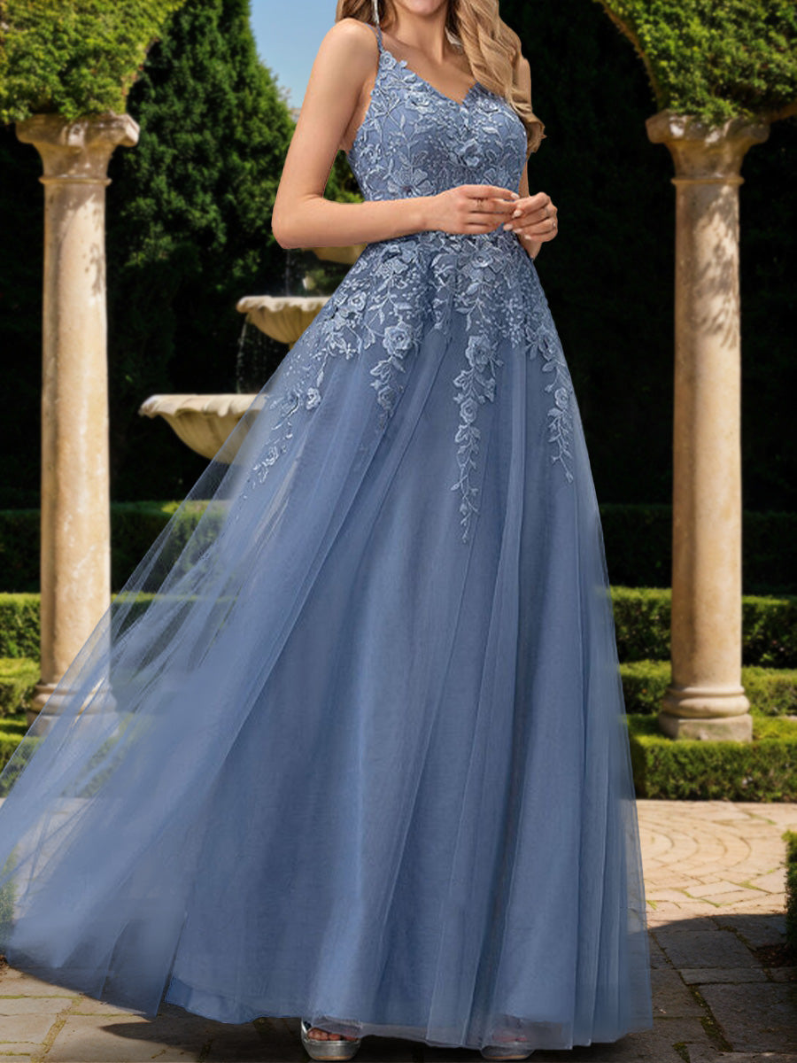 A-Line/Princess V-Neck Sleeveless Prom Dresses with Applique