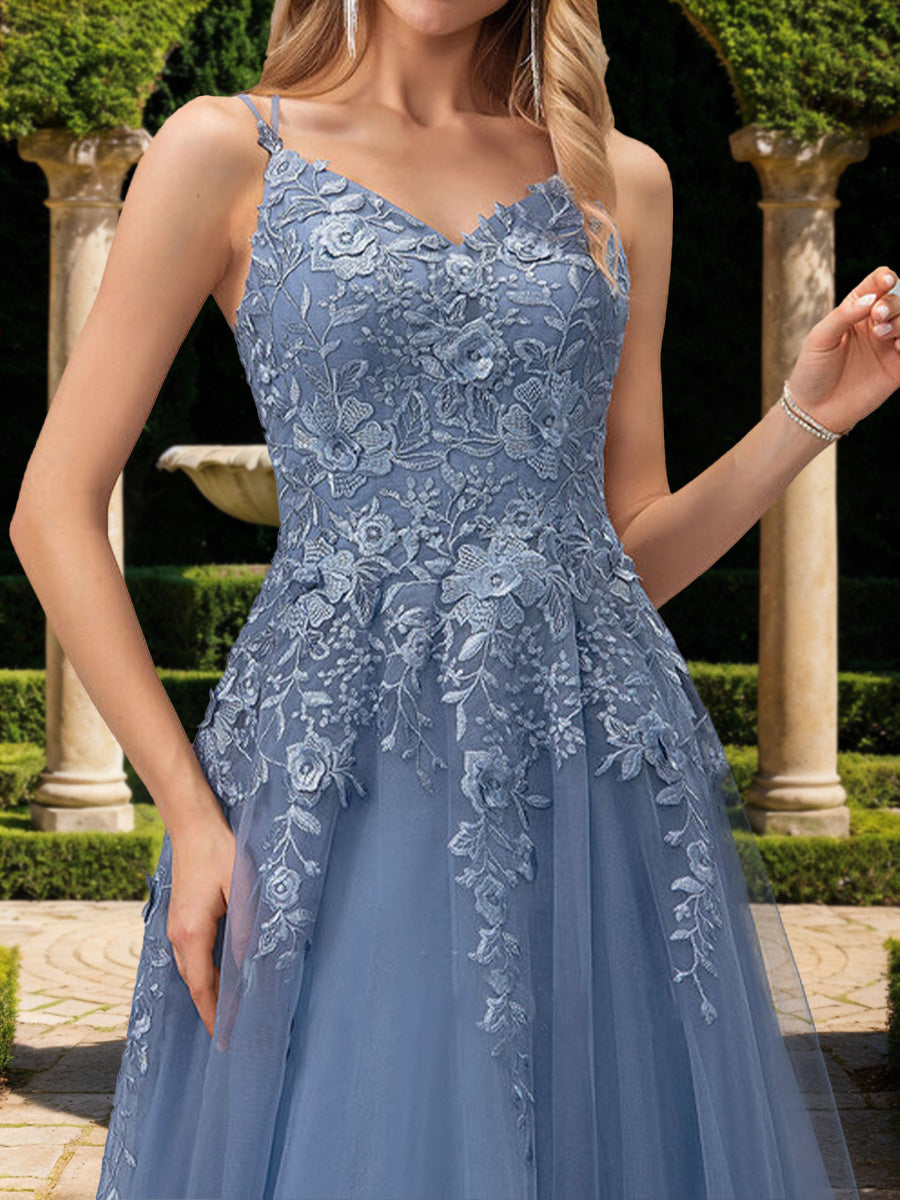 A-Line/Princess V-Neck Sleeveless Prom Dresses with Applique