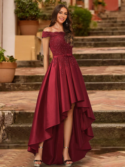 A-Line/Princess Off the Shoulder Short Sleeves Prom Dresses with Sequins