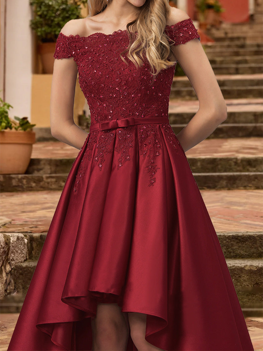 A-Line/Princess Off the Shoulder Short Sleeves Prom Dresses with Sequins