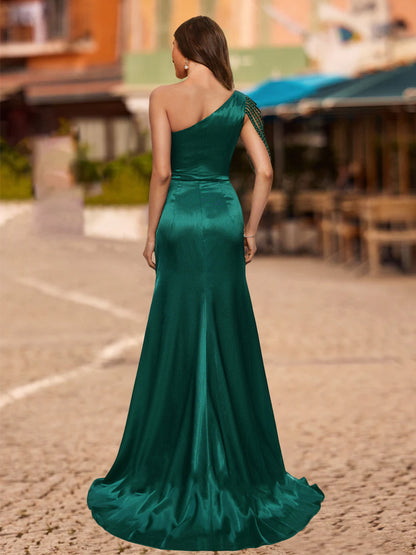 Sheath/Column One-Shoulder Asymmetrical Prom Dresses with Split Side