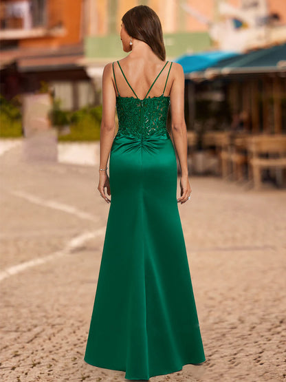 Trumpet/Mermaid V-Neck Sleeveless Prom Dresses with Split Side