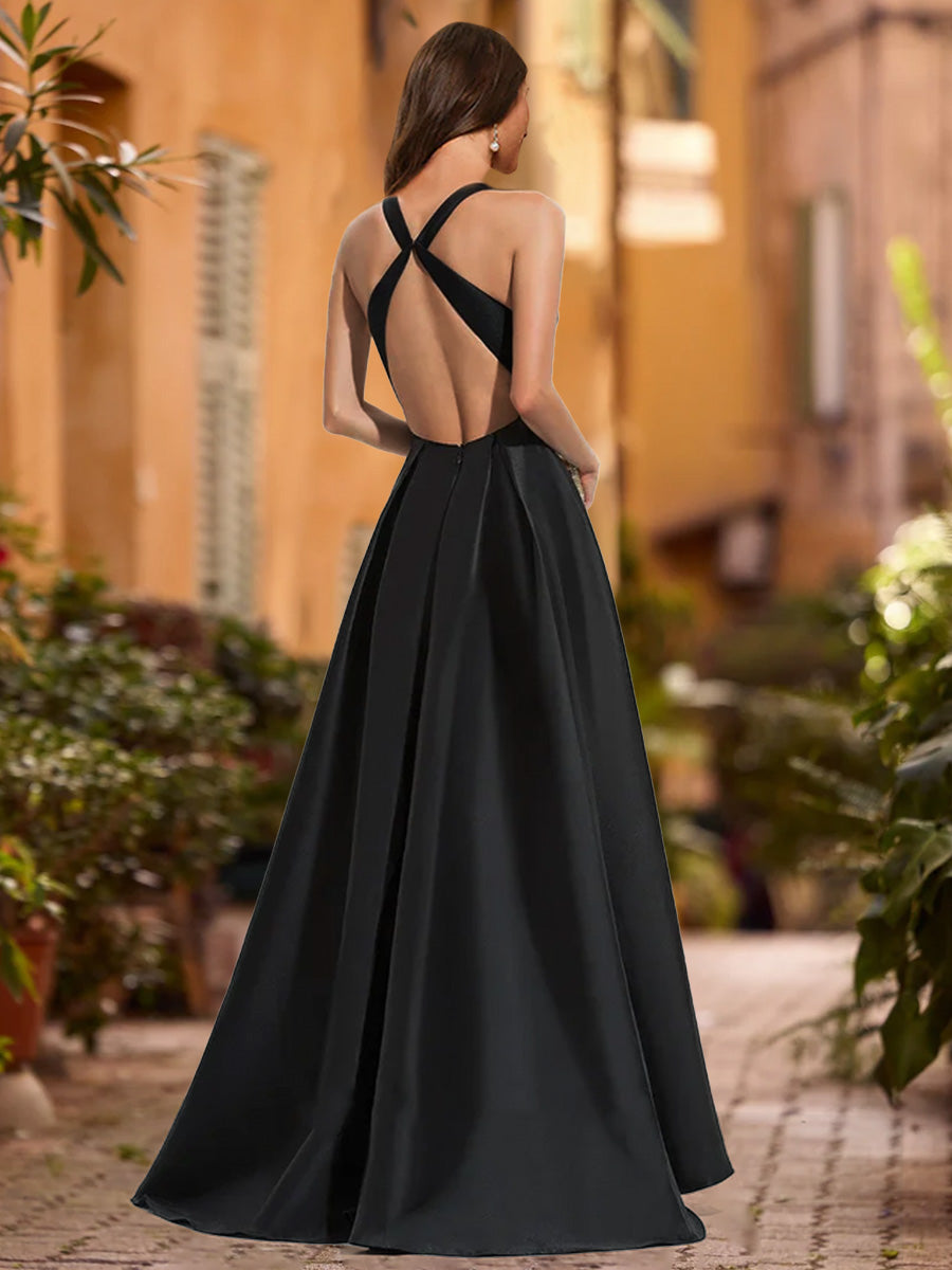 A-Line/Princess V-Neck Sleeveless Prom Dresses with Ruffles