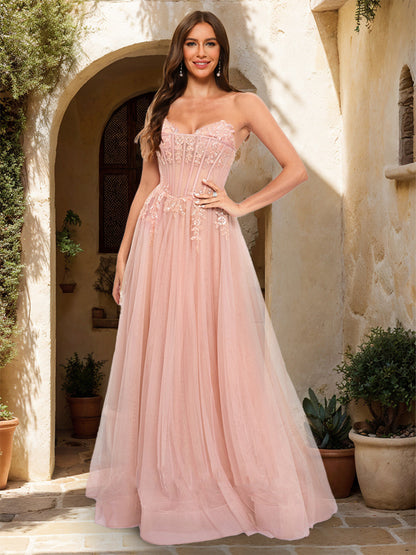 A-Line/Princess Strapless Sleeveless Prom Dresses with Applique