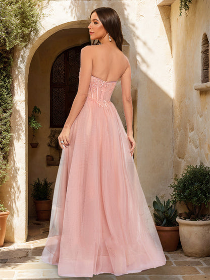 A-Line/Princess Strapless Sleeveless Prom Dresses with Applique