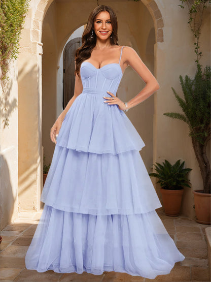 A-Line/Princess Spaghetti Straps Sleeveless Tiered Prom Dresses