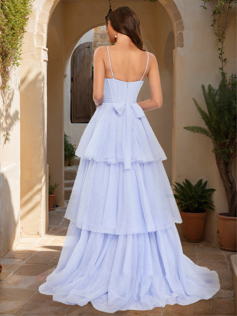 A-Line/Princess Spaghetti Straps Sleeveless Tiered Prom Dresses