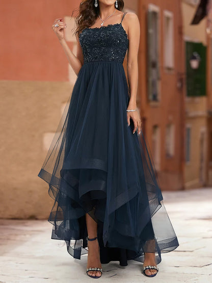 A-Line/Princess Spaghetti Straps Sleeveless Tiered Prom Dresses