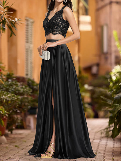 A-Line/Princess V-Neck Sleeveless Prom Dresses with Split Side