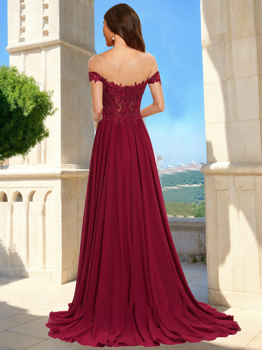 A-Line/Princess Off-the-Shoulder Short Sleeves Prom Dresses with Applique