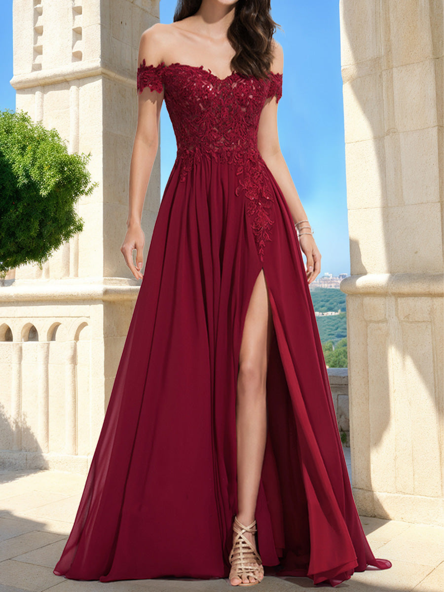 A-Line/Princess Off-the-Shoulder Short Sleeves Prom Dresses with Applique