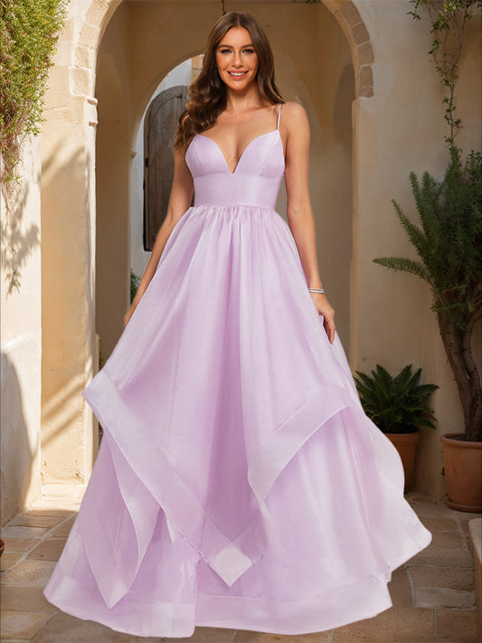 A-Line/Princess Plunging V-Neck Sleeveless Tiered Prom Dresses