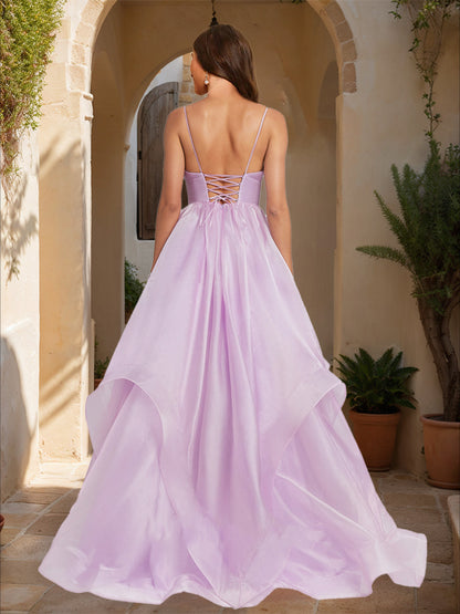 A-Line/Princess Plunging V-Neck Sleeveless Tiered Prom Dresses