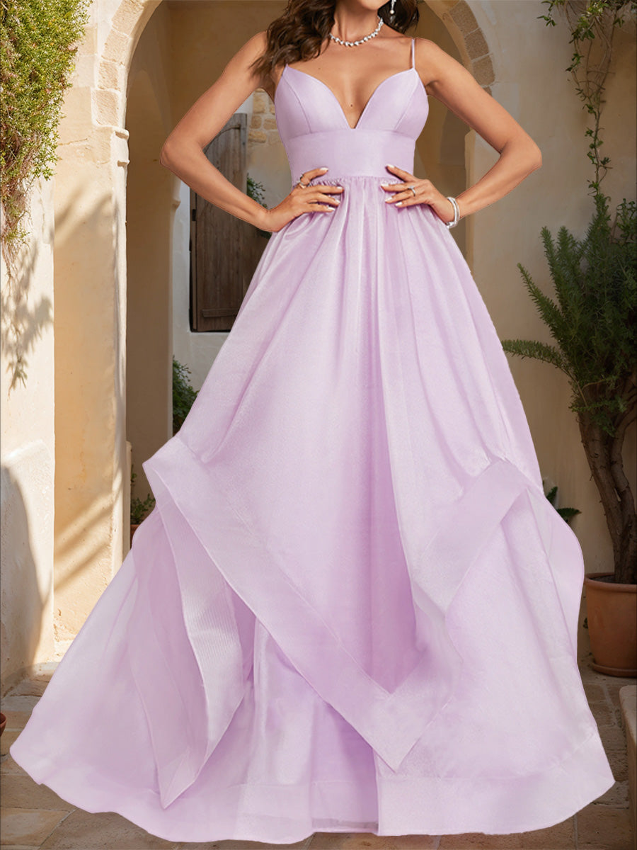 A-Line/Princess Plunging V-Neck Sleeveless Tiered Prom Dresses