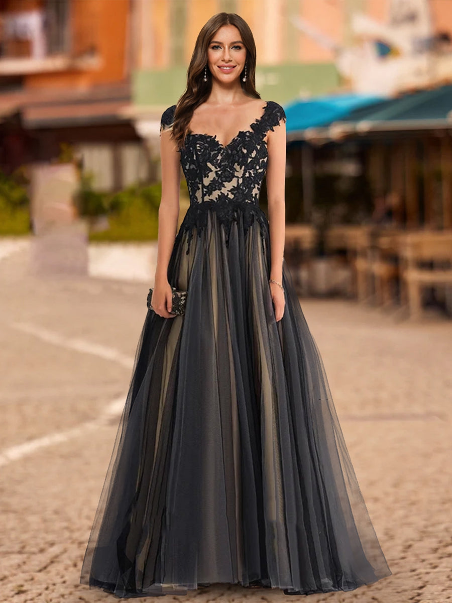 Ball Gown V-Neck Sleeveless Applique Prom Dresses