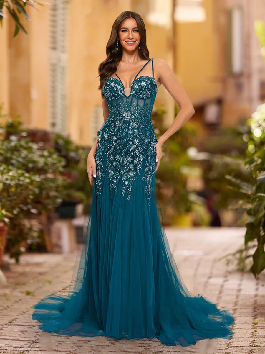 Sheath/Column V-Neck Sleeveless Applique Prom Dresses