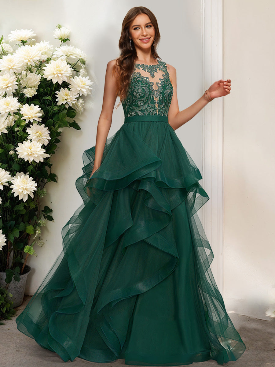 Ball Gown Scoop Sleeveless Ruffles Prom Dresses