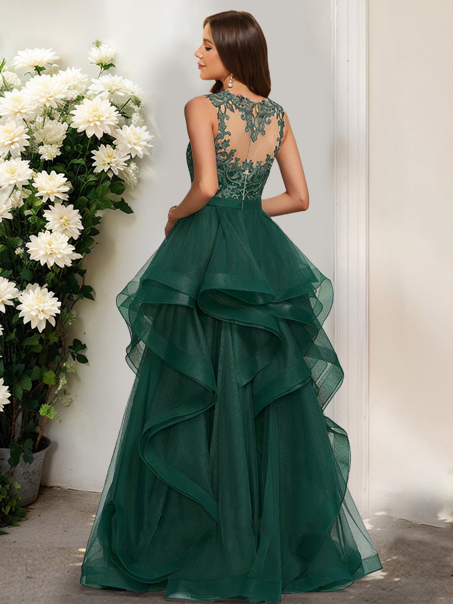 Ball Gown Scoop Sleeveless Ruffles Prom Dresses