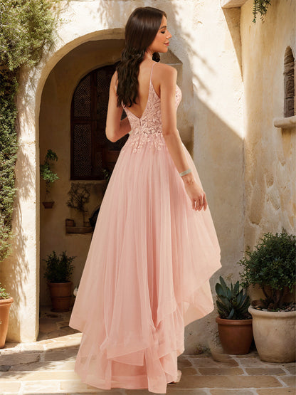 A-Line/Princess V-Neck Sleeveless Lace Prom Dresses