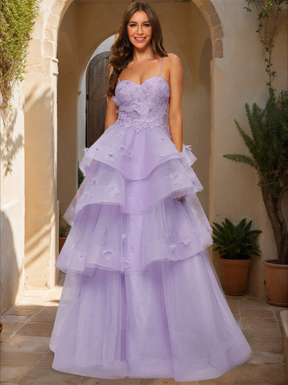 Ball Gown Sweetheart Sleeveless Tiered Prom Dresses