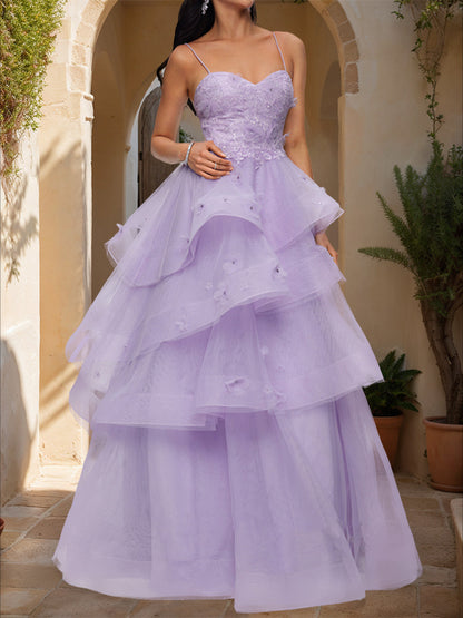 Ball Gown Sweetheart Sleeveless Tiered Prom Dresses