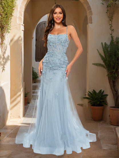 Trumpet/Mermaid Square Neck Sleeveless Lace Prom Dresses