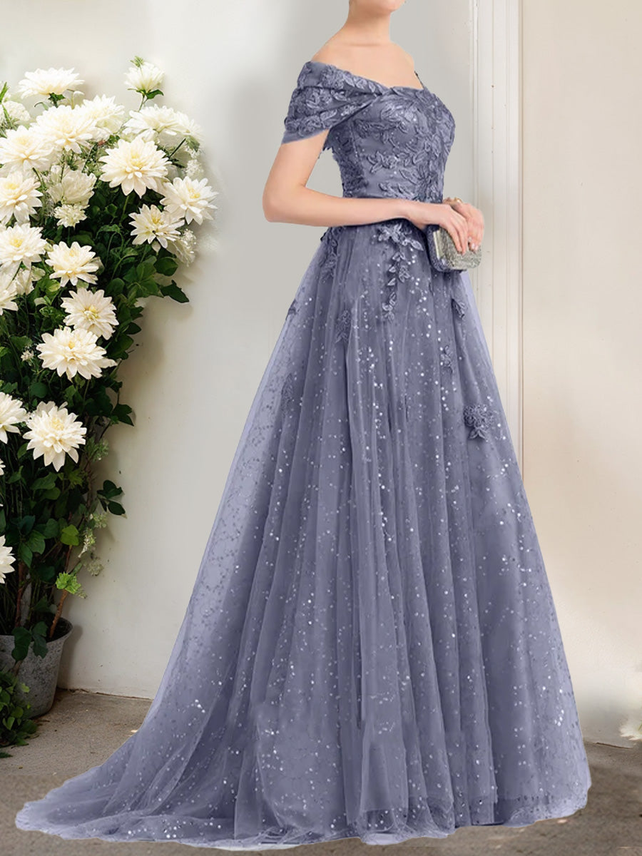 A-Line/Princess Off-the-Shoulder Short Sleeves Sequins Prom Dresses