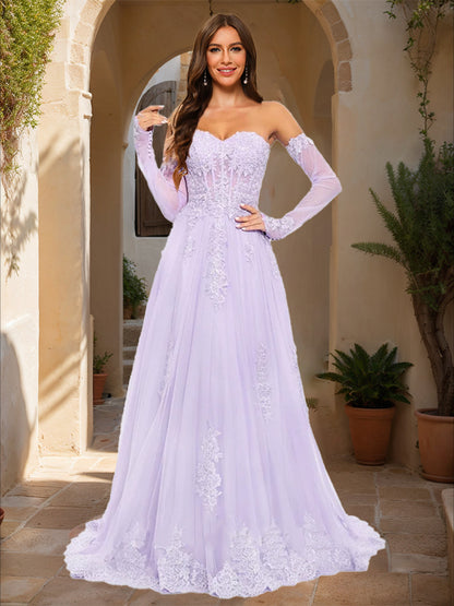 A-Line/Princess Strapless Long Sleeves Lace Prom Dresses