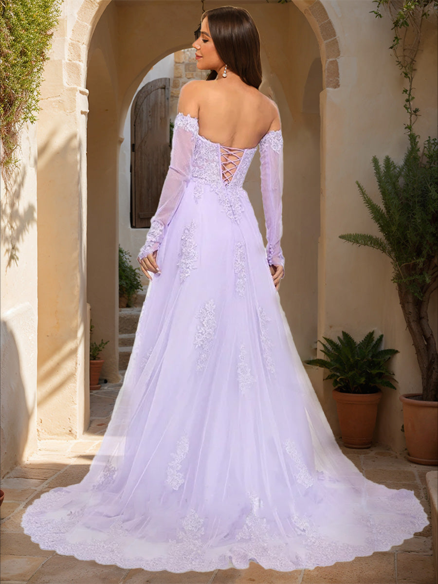 A-Line/Princess Strapless Long Sleeves Lace Prom Dresses