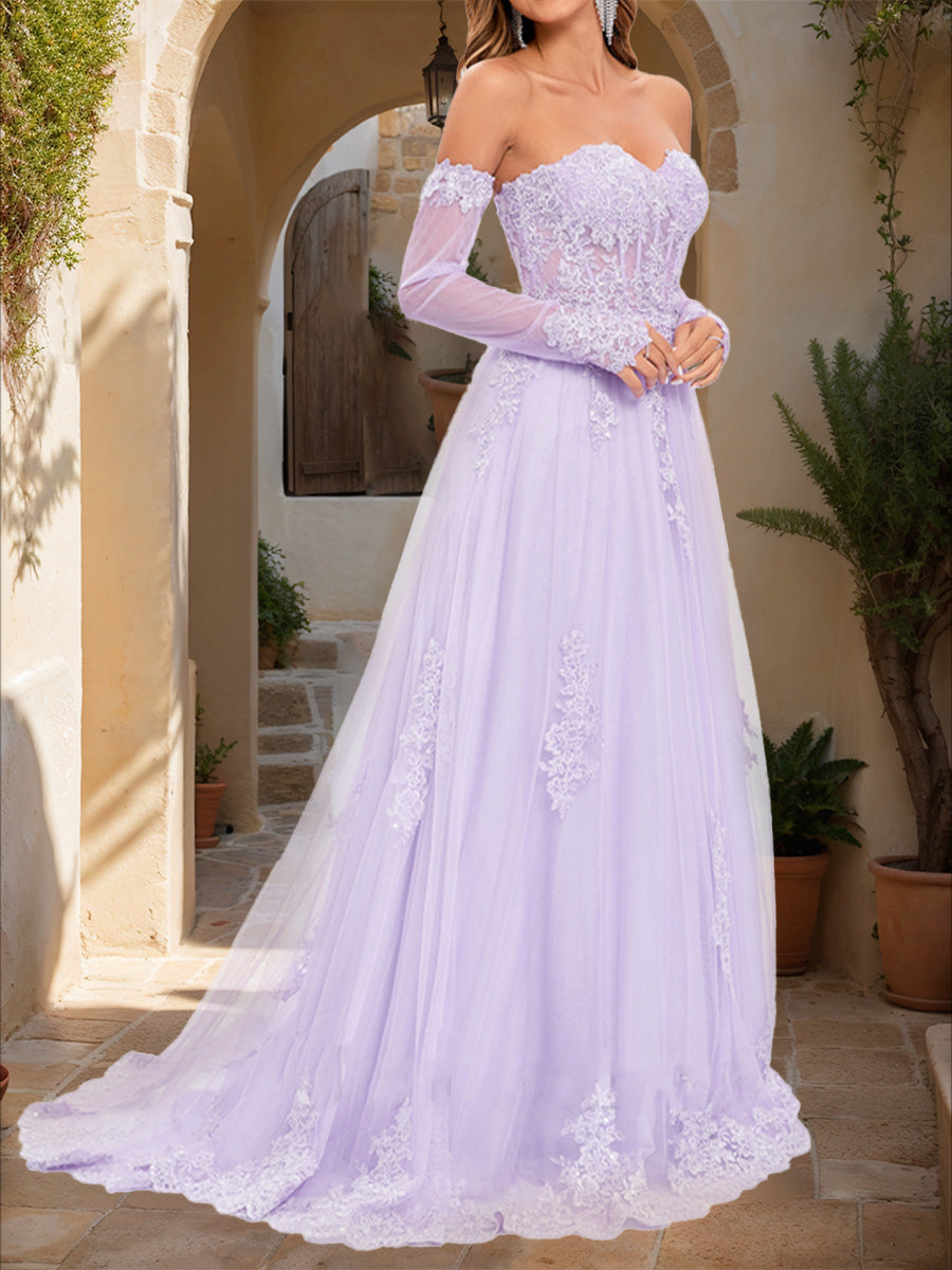 A-Line/Princess Strapless Long Sleeves Lace Prom Dresses