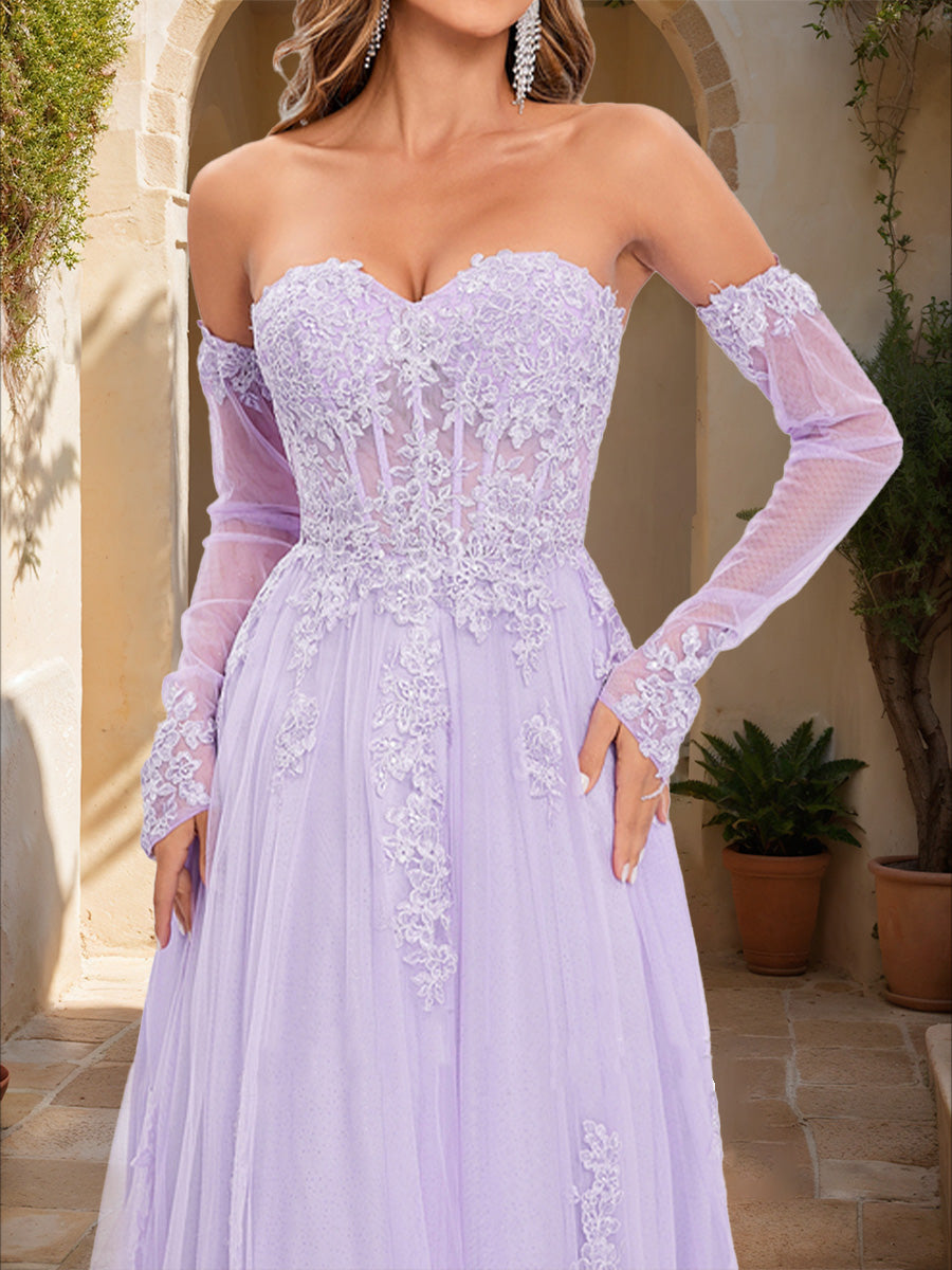 A-Line/Princess Strapless Long Sleeves Lace Prom Dresses