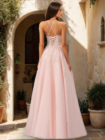 A-Line/Princess Halter Sleeveless Sequins Prom Dresses