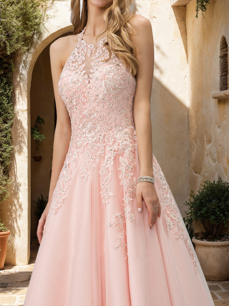 A-Line/Princess Halter Sleeveless Sequins Prom Dresses