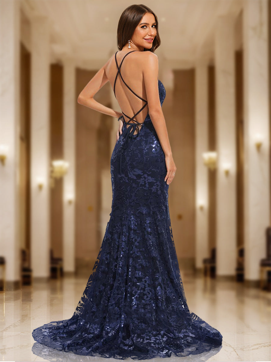 Trumpet/Mermaid V-Neck Sleeveless Sequins Prom Dresses