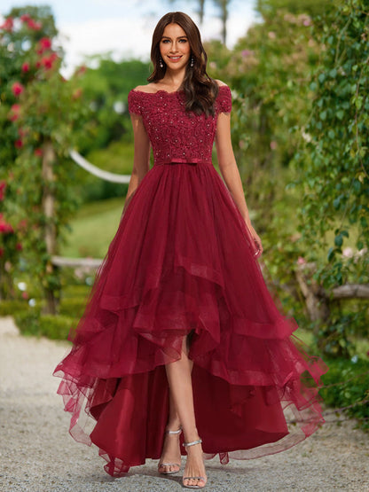 A-Line/Princess Off-the-Shoulder Short Sleeves Tiered Prom Dresses