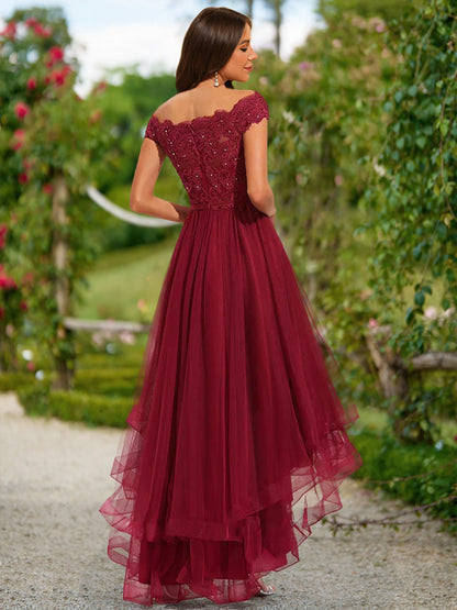 A-Line/Princess Off-the-Shoulder Short Sleeves Tiered Prom Dresses