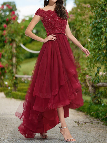 A-Line/Princess Off-the-Shoulder Short Sleeves Tiered Prom Dresses