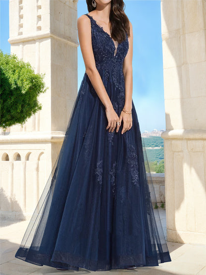 A-Line/Princess V-Neck Sleeveless Lace Prom Dresses