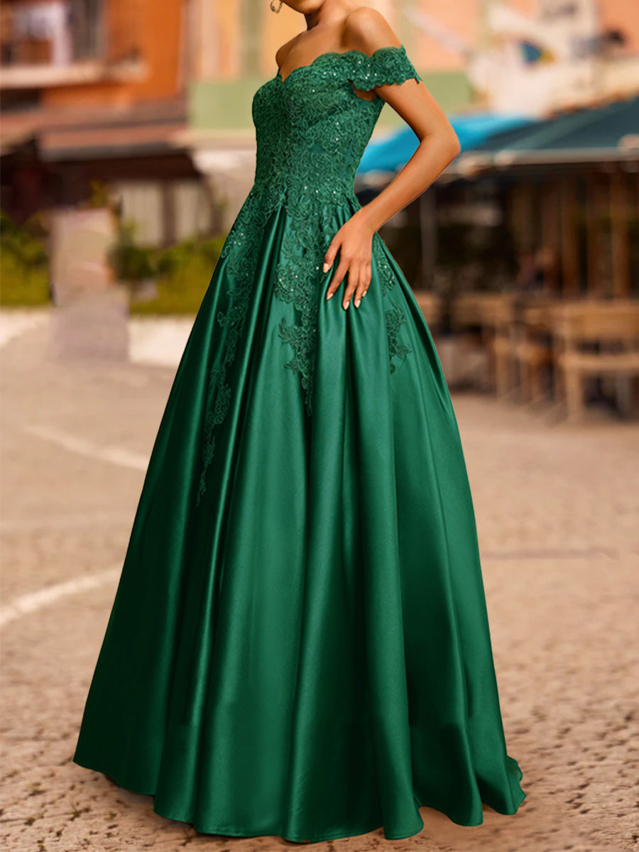 Ball Gown Off-the-Shoulder Short Sleeves Sequins Prom Dresses