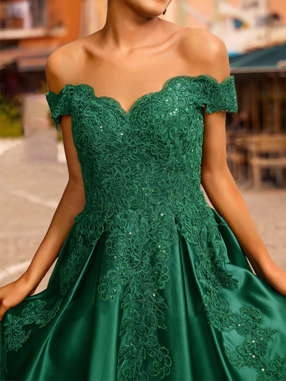 Ball Gown Off-the-Shoulder Short Sleeves Sequins Prom Dresses