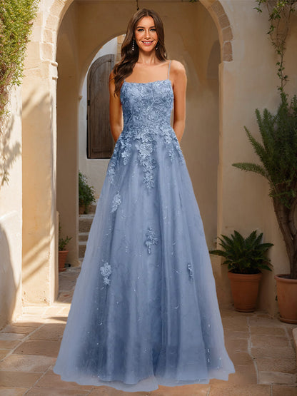 A-Line/Princess Square Neck Sleeveless Sequins Prom Dresses