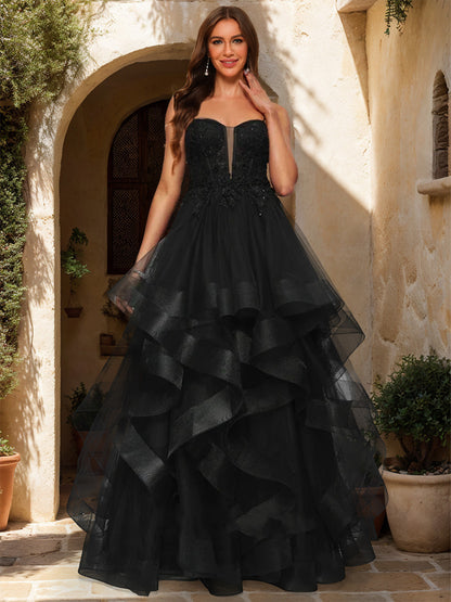 Ball Gown Sweetheart Sleeveless Tiered Prom Dresses